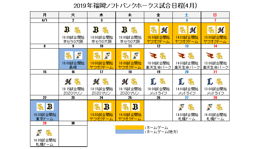 速くおよび自由な 福岡ソフトバンクホークス 野球日程表